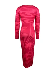 Elegant bodycon dress with vibrant pink irregular print and long sleeves for women.