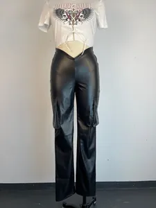 Detailed view of black PU leather cargo pants with V-shaped low waist and straight leg fit