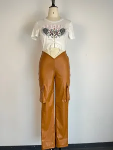 Women's brown PU leather cargo pants with low waist V-cut and straight leg design