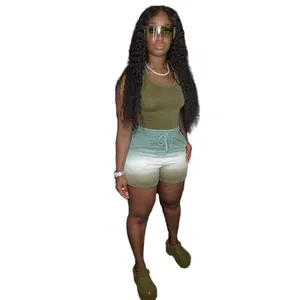 Women's two-piece fashion sports set with olive green tank top and gradient shorts