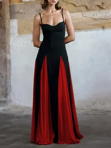 Full view of elegant black and red spliced maxi dress with thin straps and pleats