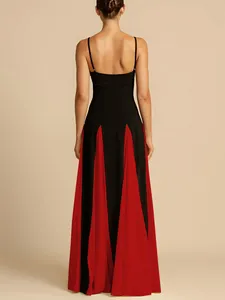 Back view of elegant black and red spliced maxi evening gown with delicate straps