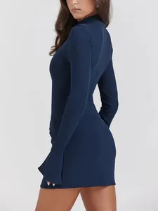 Elegant navy blue long sleeve bodycon dress showing slim fit silhouette from side view