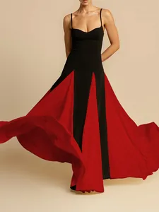 Detailed view of an elegant black and red patchwork spaghetti strap evening maxi dress