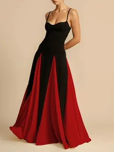 Elegant black spaghetti strap maxi dress with red pleated inserts for evening parties