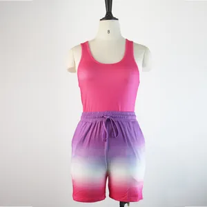 Detailed view of women's racerback tank top and gradient shorts set on a mannequin.