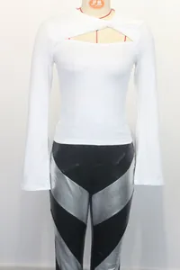 Close-up of white slim fit long sleeve top featuring a cutout double layer collar design