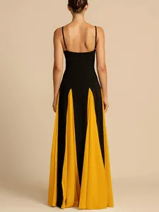 Back view of elegant black and yellow color-block maxi dress with thin straps