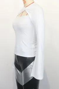 White cutout long sleeve slim fit top for women with elegant fake two-piece neckline detail
