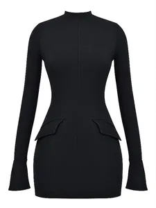 Elegant black long sleeve bodycon mini dress featuring chic hip flap pocket detail