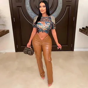 Sexy brown low waist PU leather cargo pants for women with unique V-cut waistline design