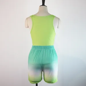 Rear view of neon green racerback tank top and gradient shorts sport set on mannequin