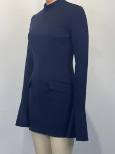 Detailed side view of a navy blue bodycon dress with bell sleeves on a mannequin.
