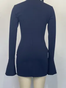 Detailed back view of a slim-fit navy blue bodycon mini dress with elegant bell sleeves