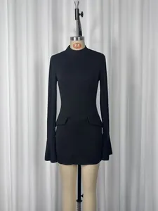 Elegant slim fit black long sleeve mini dress with high neck and flared sleeve detail