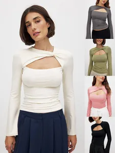 T-Shirt à Manches Longues Coupe Ajustée pour Femmes Ajouré Nœud Torsadé Faux Deux-Pièces Couleur Unie Sexy Style Ins