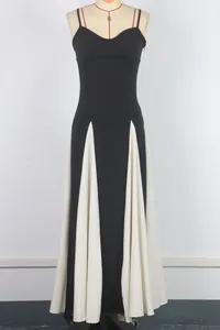 Front view detail of elegant black and white patchwork spaghetti strap maxi evening dress