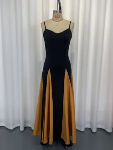 Full view of an elegant black and yellow patchwork spaghetti strap evening maxi dress