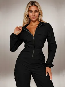 Close-up of women's fashion cargo jumpsuit in black with front zipper and pockets.