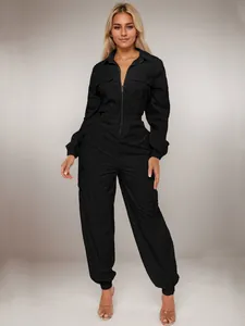 Elegant black cargo jumpsuit for women featuring front zipper and elastic waist detail