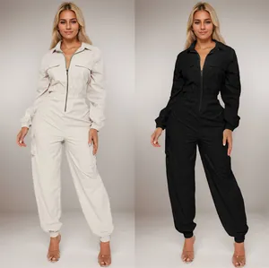 Women's Fashion Cargo Jumpsuit Long Sleeve Zipper Front Elastic Waist Workwear Overalls With Flap Pockets Casual Romper