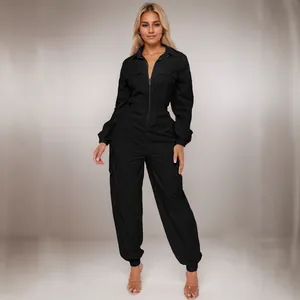 Elegant women's black long sleeve utility jumpsuit with elastic waist and front zipper