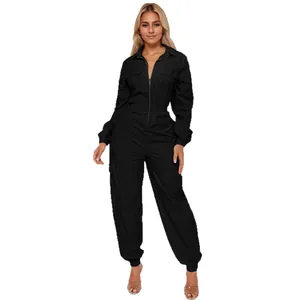 Stylish black long sleeve utility jumpsuit with zipper front and elastic waist for women