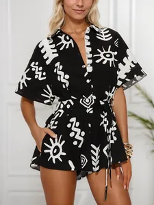 Women Summer Short Sleeve Romper Tribal Sun Print Shirt Collar Lace-up Jumpsuit Polyester Casual Fashion Top And Bottom