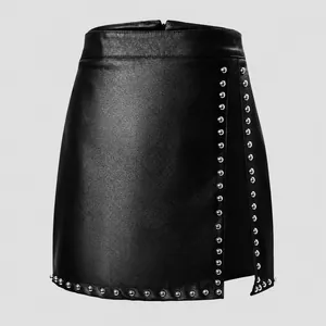 Black PU leather mini skirt with silver studs and high-waisted slim fit design