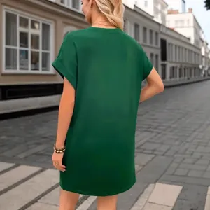Stylish dark green casual loose mini dress with drop shoulders for women's fashion.