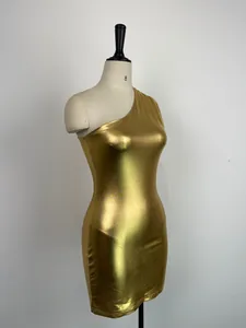 Close-up view of a sexy gold metallic one-shoulder sleeveless bodycon mini dress for women