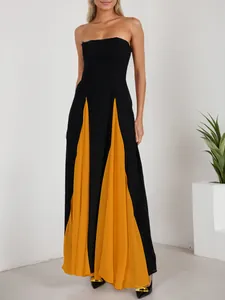 Elegant black and yellow color-block bandeau maxi evening dress shown in full length