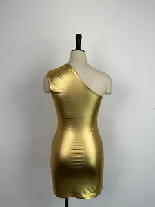 Rear view detail of a sexy metallic gold one-shoulder bodycon mini dress on a mannequin