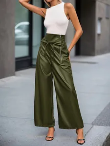 Pantalon large en similicuir PU vert olive à taille haute avec fermeture et ceinture