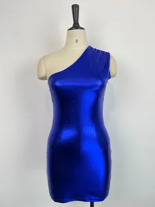 Close-up of the metallic blue fabric and one-shoulder detail on the bodycon dress