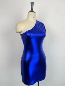 Detailed view of a sexy royal blue metallic one-shoulder bodycon mini dress on mannequin