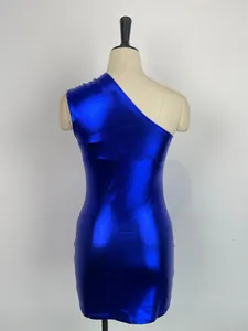 Blue metallic one-shoulder bodycon dress with shiny finish shown on a mannequin.