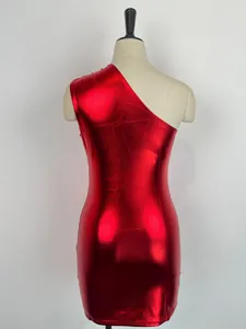 Detail of the metallic red one-shoulder sleeveless bodycon mini dress on mannequin.