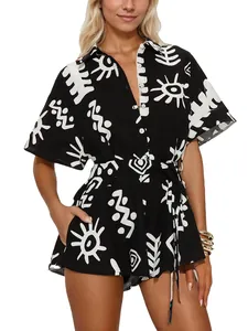 Women's short-sleeved summer romper playsuit with shirt collar and ethnic sun print
