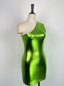 High-shine metallic green one-shoulder sleeveless bodycon mini dress displayed on mannequin