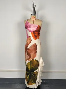 Full length one-shoulder floral print maxi dress with ruffle hem shown on mannequin