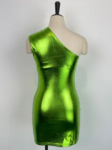 Detailed back view of a sexy metallic green one-shoulder mini dress on mannequin