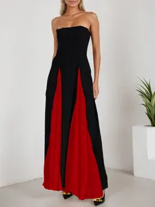 Detailed view of a sexy black and red color-block strapless evening gown for women