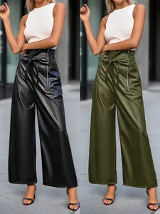 Pantalon Femme Taille Haute en Cuir PU Jambe Large Avec Ceinture Pantalon Droit Décontracté Simple Couleur Unie Streetwear