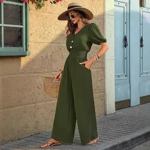 Elegant olive green short-sleeved wide-leg jumpsuit with cinched waist for women