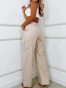 Stylish beige PU leather straight-leg cargo pants for women with high-waisted design
