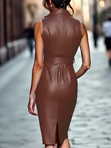 Detailed back view of a brown PU leather sleeveless bodycon dress with a stylish waist belt