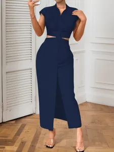 Sexy navy blue waist cutout midi dress with stand collar and button-down front detail