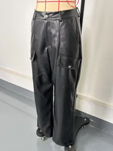 Detailed view of women's black PU leather cargo pants featuring large flap pockets and a straight leg