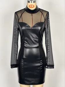 Detailed view of a sexy black mesh patchwork faux leather long sleeve bodycon dress.